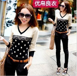 Free shipping, 2012 autumn women's elegant polka dot jacquard lace slim basic sweater