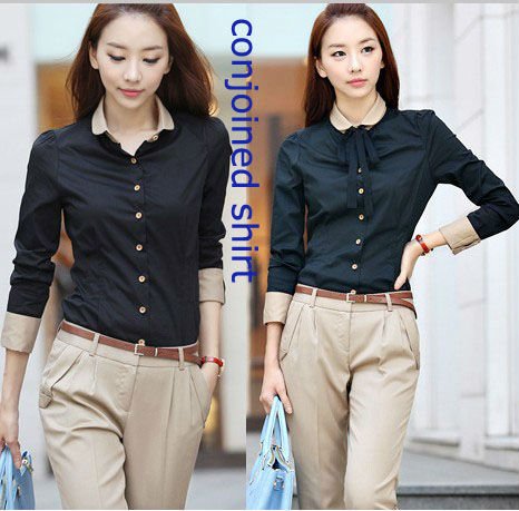 Free shipping 2012 autumn women's fashion patchwork color block long-sleeve OL shirts SY0033