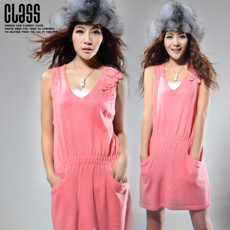 Free shipping 2012 autumn women's high quality knitted new arrival sleeveless slim waist dress sweater women