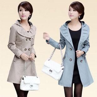 Free shipping 2012 autumn women's hooded slim plus size double breasted long sleeve length women's trench outerwear