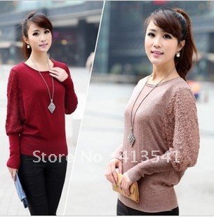Free shipping 2012 autumn women's lace long-sleeve o-neck loose plus size batwing basic sweater SWT1211-D