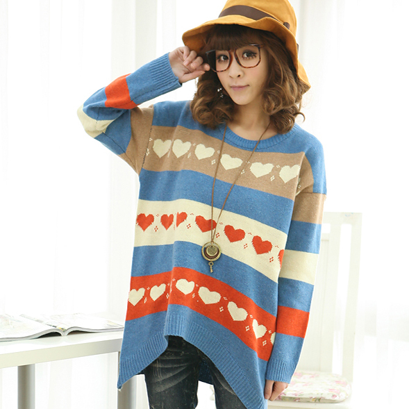 Free  shipping, 2012 autumn women's loose sweater female heart stripe batwing shirt thickening sweater outerwear