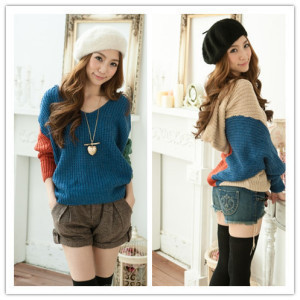 Free  shipping, 2012 autumn women's loose sweater outerwear with a hood thick batwing shirt color block decoration sweater