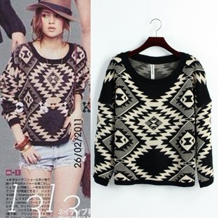 Free shipping 2012 Autumn Women's magazine rhombus print fashion o-neck pullover loose sweaters 1748L