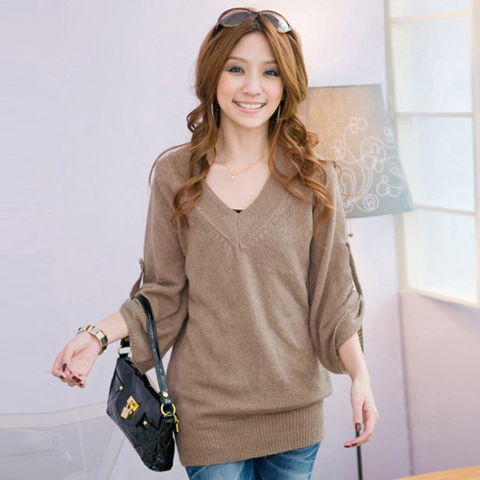 Free shipping 2012 autumn women's new arrival loose V-neck retrorse medium-long sweater