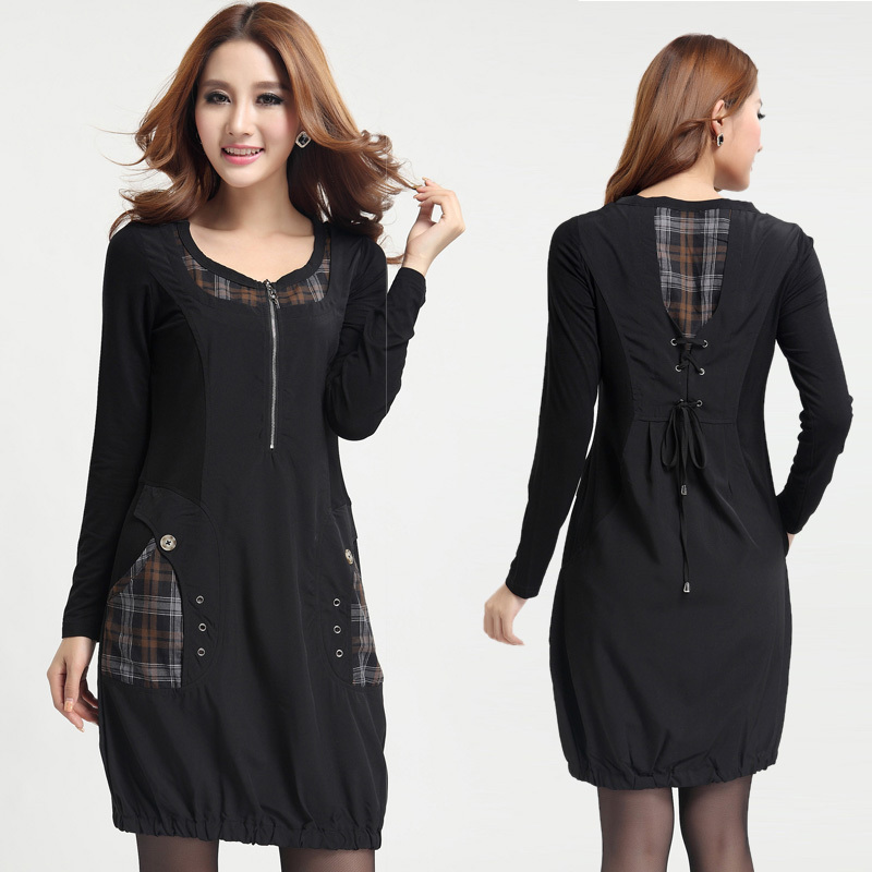 Free shipping  2012 autumn women's plus size fashion black  dress