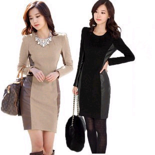 Free shipping 2012 autumn women's plus size leather skirt ol elegant long-sleeve dress slim