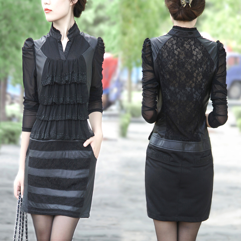 Free Shipping 2012 autumn women's plus size leather skirt slim hip PU patchwork slim long-sleeve lace one-piece dress In Stock