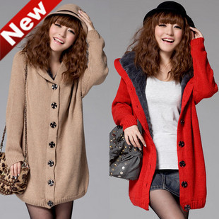 Free shipping-2012 autumn women's plus size medium-long thickening thermal plus velvet cardigan with a hood sweater outerwear
