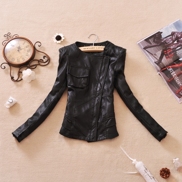 free shipping 2012 autumn women's shoulder pads vintage pocket fashion short design slim o-neck small leather clothing