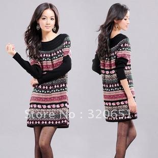 Free Shipping,2012 Autumn Women's wool Cashmere Stripe Sweater Dress/thicken snowflake knitwear sweater pullovers