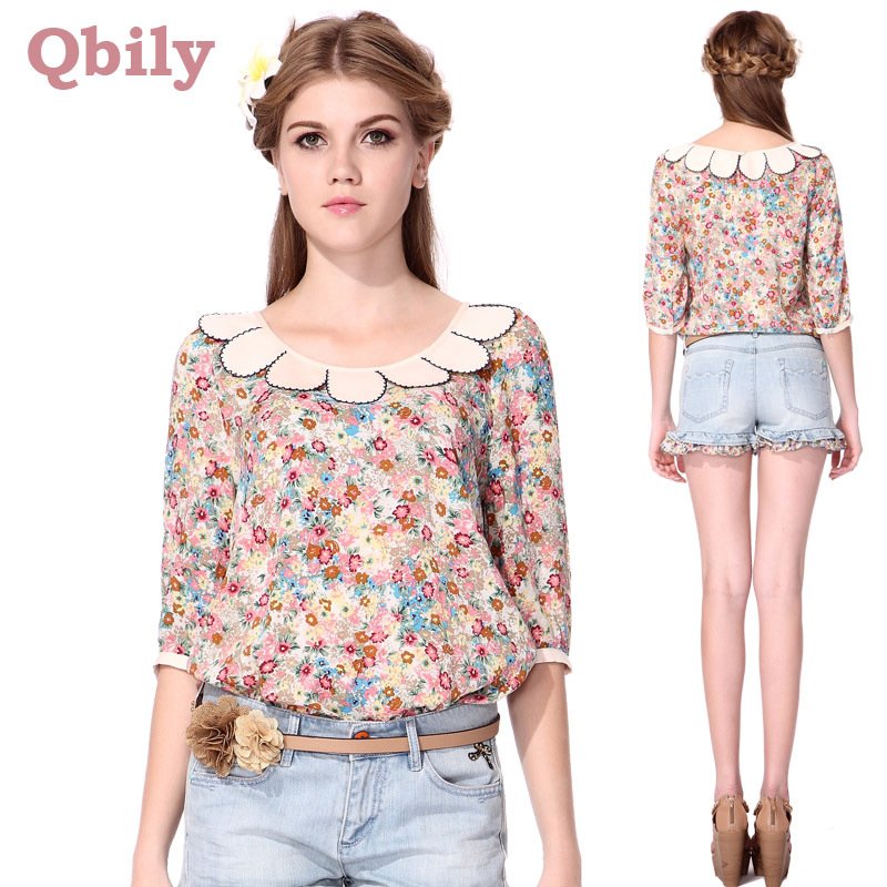 Free shipping-2012 autumn young ladies' blouses loose casual  floral print shirts half-sleeve/long-sleeve S~L high quality