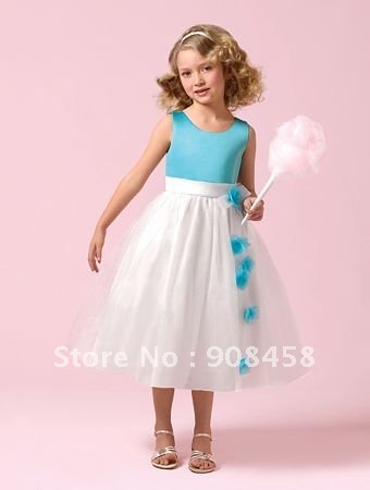 Free Shipping 2012 Ball Gown Scoop Knee-length Satin and Organza Flowergirl Dress with Flower
