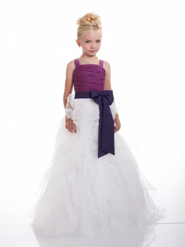 Free Shipping 2012 Ball Gown Spaghetti Straps Floor-length Organza Flowergirl Dress with Bow