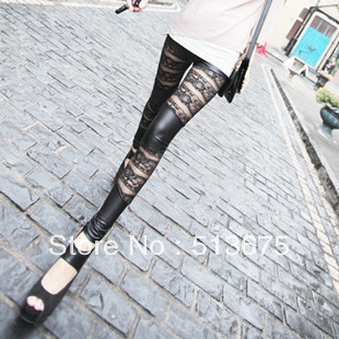 Free shipping 2012 basic legging high quality patchwork lace faux leather horizontal stripe