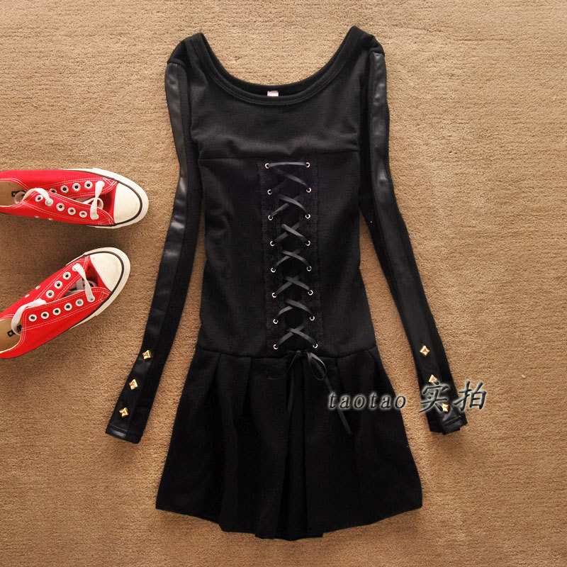 Free shipping 2012 basic shirt leather long-sleeve slim knitted one-piece dress female