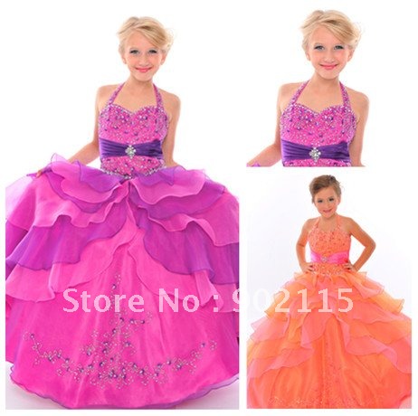 Free Shipping 2012 Beautiful Style Halter Beaded Flower Girl Pageant Wedding Dress