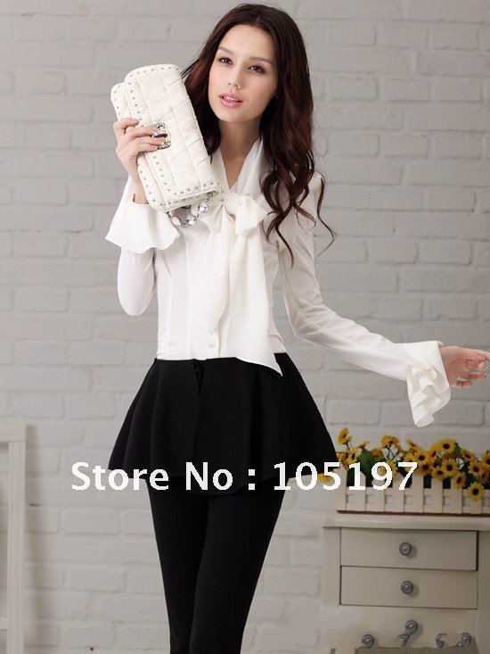 Free shipping 2012 blouse Women bowknot Long Sleeve Shirt 100% Tencel OL blouses Ladies' tops Wholesale 1pc/lot drop ship