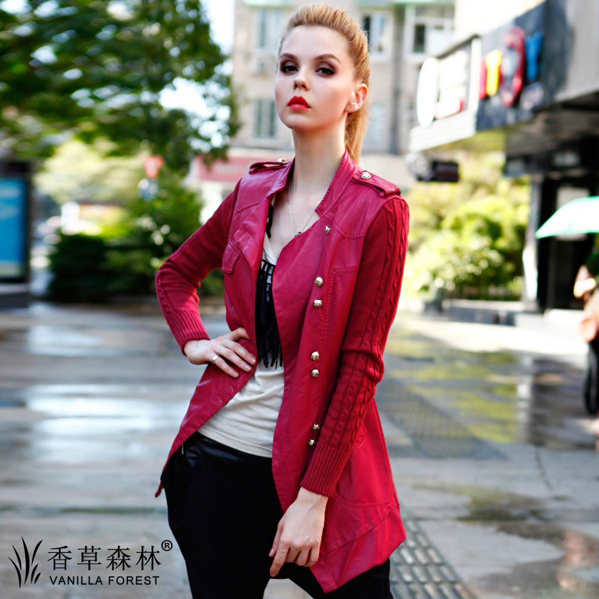 Free Shipping 2012 british style slim PU knitted patchwork trench Women leather coat vanilla