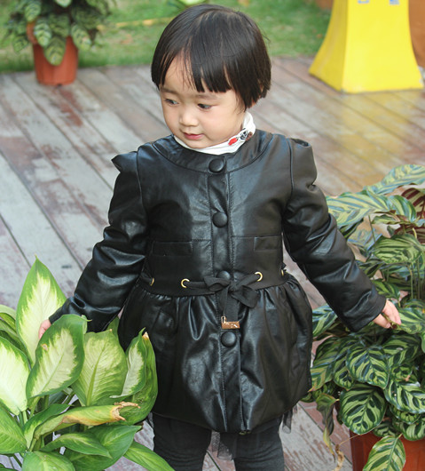 free shipping 2012 children's clothing female child leather clothing jacket outerwear child fashion trench thickening cardigan