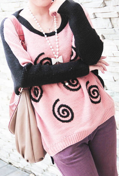 Free  shipping, 2012 circle lollipop batwing sleeve o-neck knitted loose color block irregular sweater