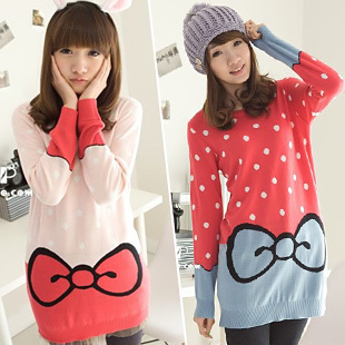 Free shipping-2012 colorant match polka dothellokitty bow fashion sweaters women's pullover 3 colors Free size