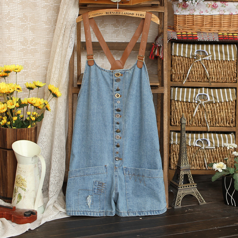 Free shipping!2012 copper button leather shoulder strap large pocket loose denim bib pants,rompers women