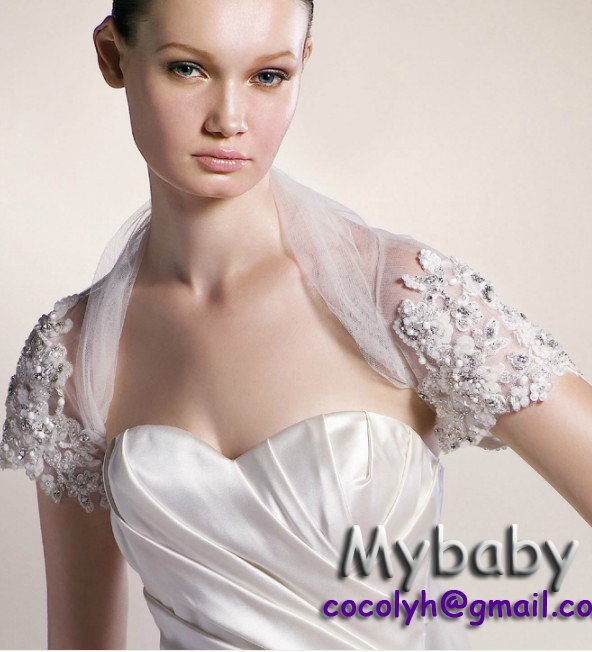 Free Shipping 2012 Custom Made Tulle Beaded Short Sleeves Bridal Jackets Shawl Bridal Wrap Bolero JK14