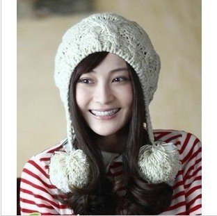 Free Shipping 2012 Cute Lay's Winter Cap Sweet Angel Hat With Two Big Ball Warm Hats For Women White Beige Color Christmas Gift