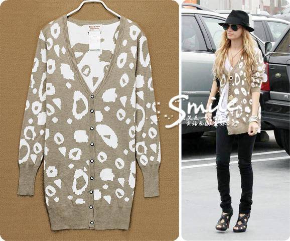 free shipping,2012 deep v neck thickening double faced pilotaxitic large leopard print medium-long sweater cardigan