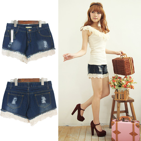 Free shipping 2012 distrressed retro finishing lace decoration low-waist denim shorts 09966 MYYH