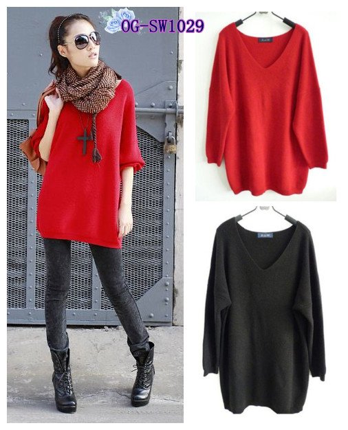 Free shipping,  2012 dolman sleeve solid puls size loose middle-long women casual pullovers sweater/ knitwear, red black colo F