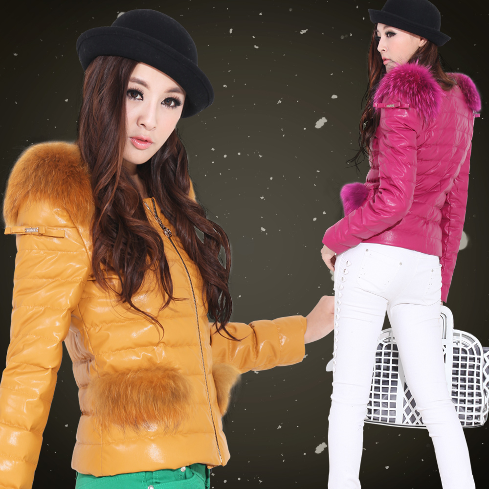Free Shipping 2012 down coat female short design PU autumn and winter candy color fur collar down coat genuine leather jacket