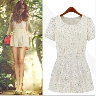 free shipping 2012 dresses women dress short sleeve mini dress white Lace cotton blends women playsuit /culottes/ pantskirt