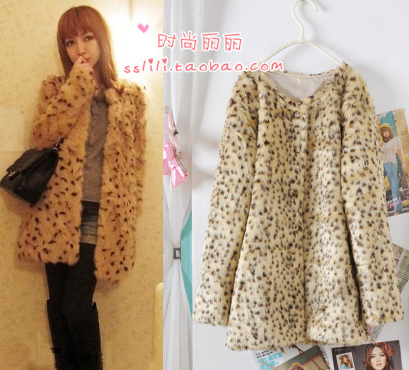 free shipping 2012 Elegant leopard print o-neck long-sleeve medium-long fur coat overcoat