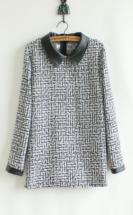 free shipping 2012 elegant small classic leather black and white lattice woolen slim all-match top t-shirt