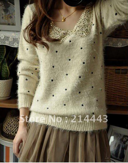 Free Shipping ! 2012 embroidery polka dot soft plush knitting sweater