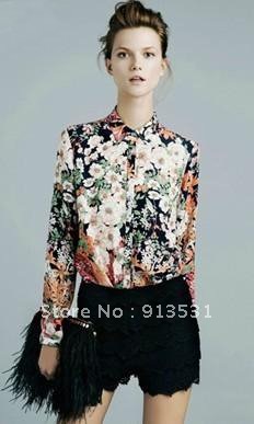 Free shipping 2012 Europen and America Retro  silk slip Broken beautiful flowers lady long sleeve shirt