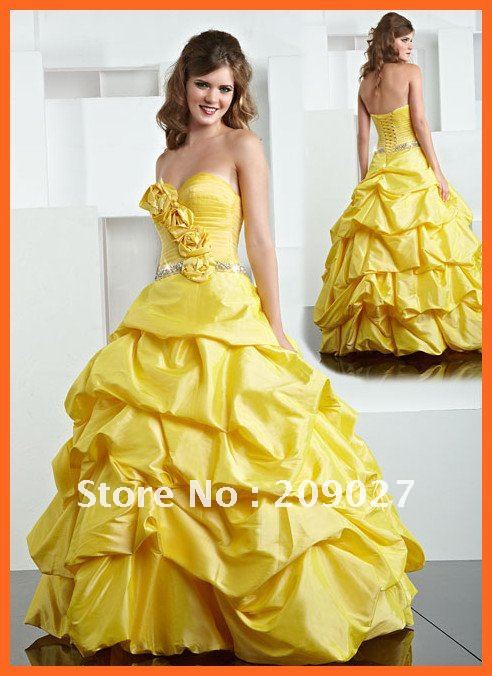 Free Shipping 2012 Exquisite Strapless Sweetheart Flowers Ball Gown Taffeta Yellow Quinceanera Dresses