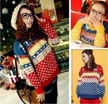 Free Shipping 2012 Fall Winter Fashion Sweater Deer Snow Pattern Sweater Loose Sweater(Yellow Red Blue+ Average)120914#3