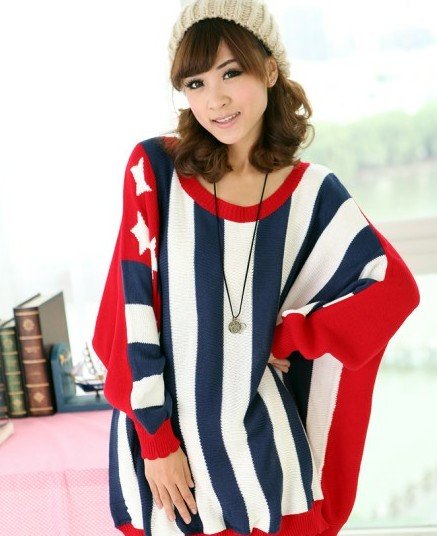 Free Shipping 2012 Fall Winter Plus Size Loose Causal Bat Sleeves US Flag Striped Long Sweater Fashion Ladies Sweater120912#7