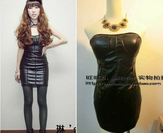 free shipping 2012 fashion black PU slim hip body shaping tube top one-piece dress tube top dress leather skirt