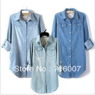 Free shipping 2012 fashion cowboy shirt Womens New Light and thin long denim shirt long sleeve shirt ladies XL coat