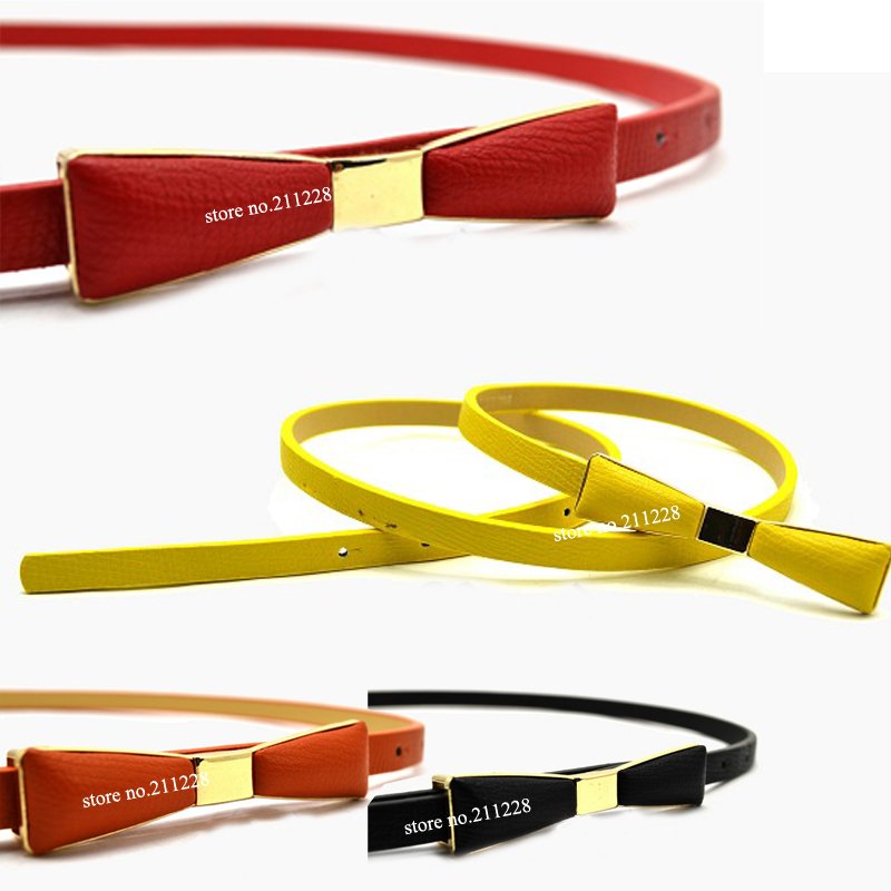 free shipping 2012 fashion designer faux leather slim metal gold mirror surface red belt with bow butterflies decorations belts