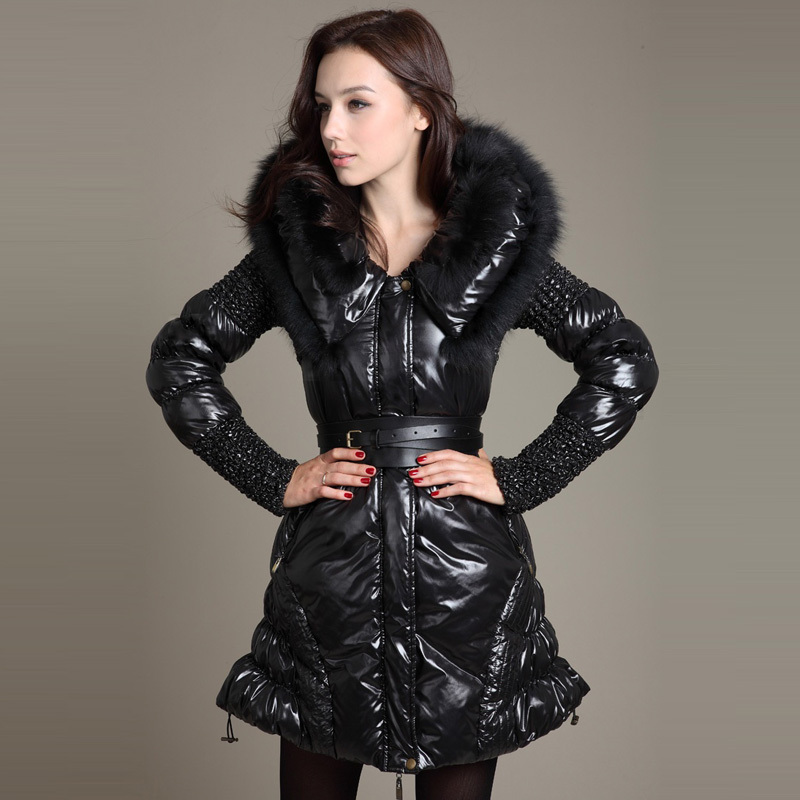 Free shipping 2012 fashion down jacket  fashion   medium-long slim fox fur with belt x126012 women's down coat