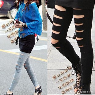 Free shipping!2012 fashion Elk Snow Leggings slim thin black ripped cut-out  sexy lady leggings imitation leather