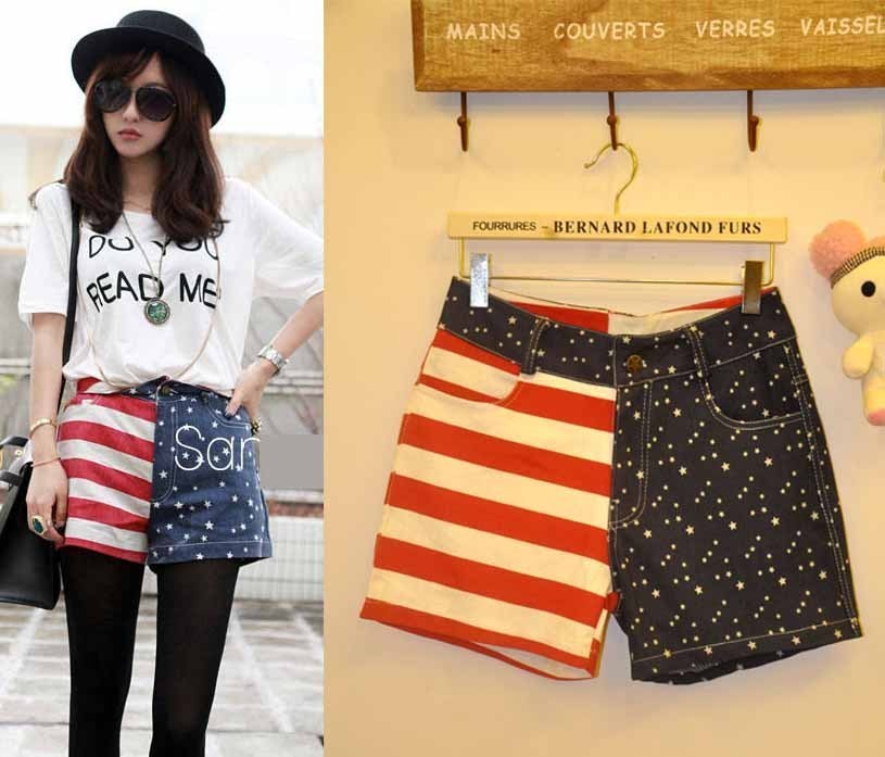 Free Shipping 2012 Fashion flag patchwork denim shorts USA Flag Patchwork Jeans Pants (Average)121010#9