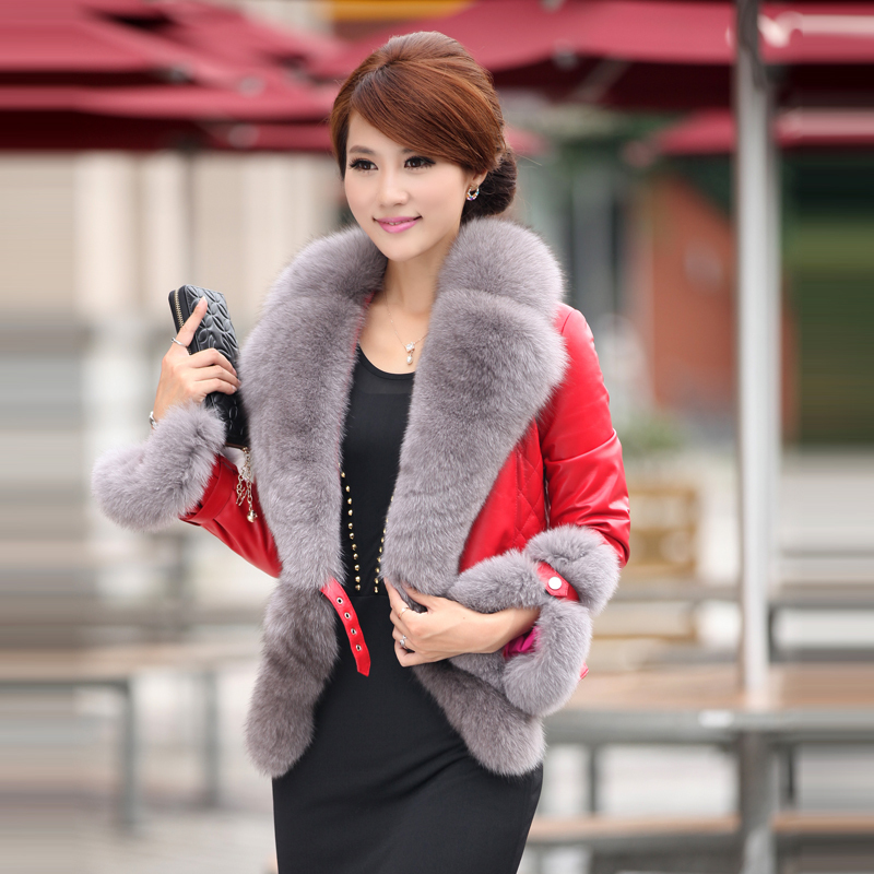 free shipping 2012 fashion  genuine leather    short design slim sheepskin ultralarge fox fur  women's coat jacket
