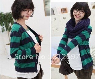 Free shipping 2012 fashion maternity  winter long sleeve loose green striped pregnant women leisure sweater/coat/jacket
