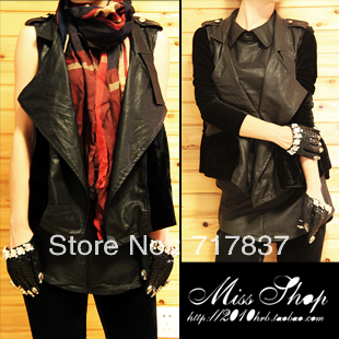 Free Shipping 2012 fashion normic street punk water washed leather clothes vest gold velvet women's